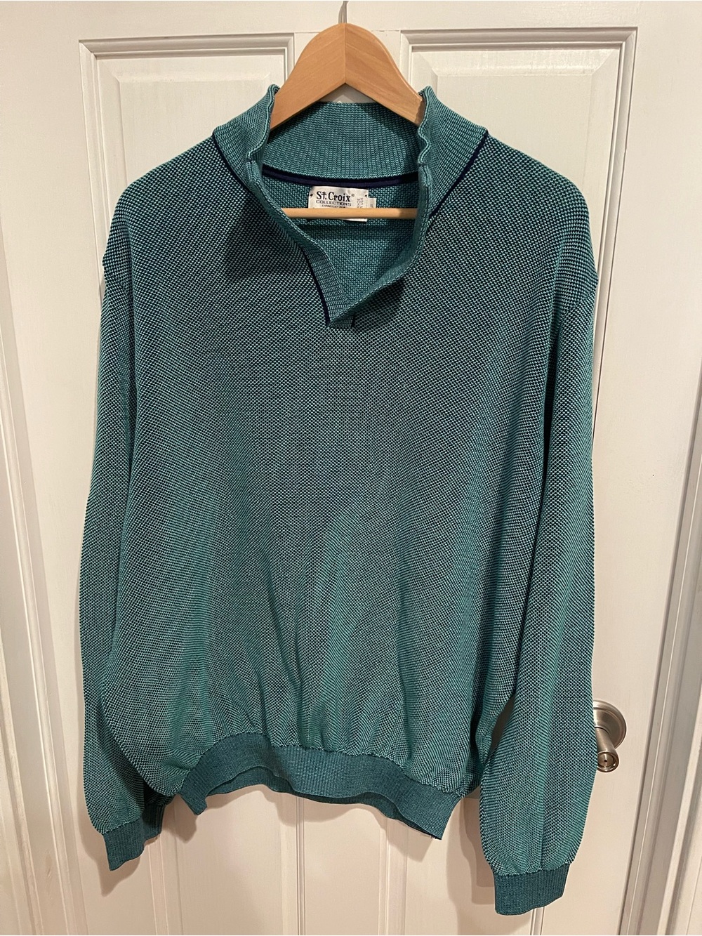 St. Croix Men's Teal and Dark Blue Textured Mock Collar Sweater XL